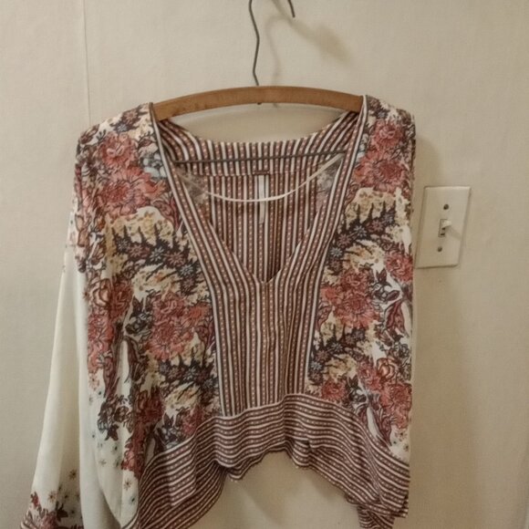 Free People Sz S/P boxy Blouse V Neck wide sleeves cream orange pattern striped - Picture 6 of 6